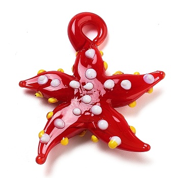 Handmade Lampwork Pendants, Starfish, FireBrick, 34~40x31~36.5x6~9mm, Hole: 3~7mm