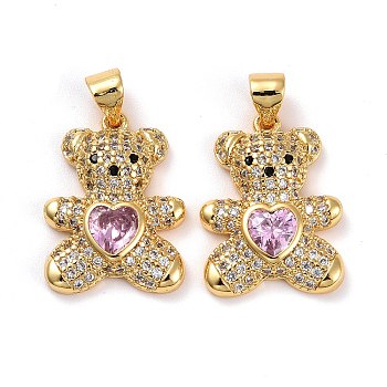 Brass Micro Pave Cubic Zirconia Pendants, Real 18K Gold Plated, Lead Free & Cadmium Free, Bear with Heart, Pearl Pink, 19.5x14.5x4mm, Hole: 4x3.5mm