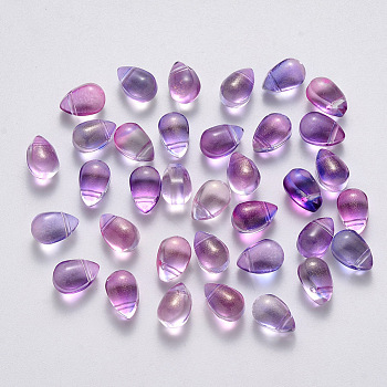 Transparent Spray Painted Glass Charms, with Glitter Powder, Teardrop, Medium Orchid, 9x6x6mm, Hole: 1mm