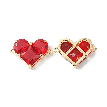 Brass Pave Cubic Zirconia Connector Charms, Heart Links, Real 18K Gold Plated, Red, 18.5x26x7.5mm, Hole: 1.6mm