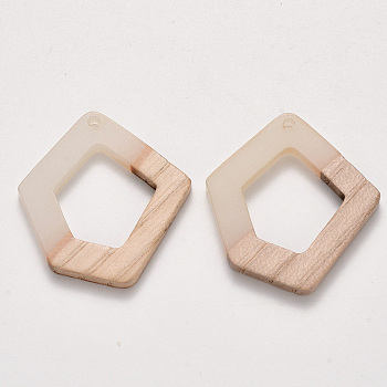 Transparent Resin & Wood Pendants, Waxed, Polygon, Linen, 35.5x32.5x3~4mm, Hole: 2mm