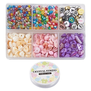 Natural Shell Chip Beads Kit DIY Bracelet Making Kit, Including Acrylic & Round Glass Seed & Chip Shell Beads, Elastic Thread, Mixed Color, Shell Beads: 39g/set