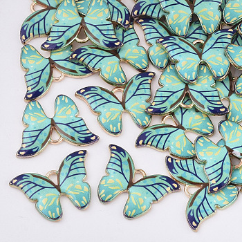 Printed Alloy Pendants, with Enamel, Butterfly, Light Gold, Aquamarine, 15.5x22x2mm, Hole: 1.8mm