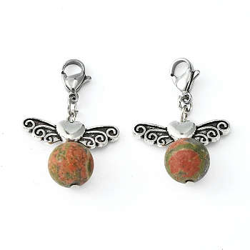 Natural Unakite Pendants, with Tibetan Style Beads and Brass Lobster Claw Clasps, 34mm