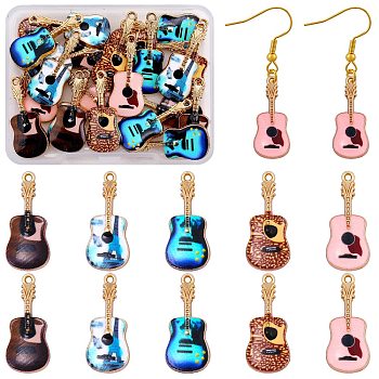 30Pcs 5 Colors Rack Plating Golden Tone Alloy Pendants, with Printed Enamel, Cadmium Free & Nickel Free & Lead Free, Guitar Charm, Mixed Color, 27x12x2mm, Hole: 1.4mm, 6pcs/color