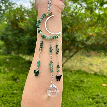 Wire Wrapped Natural Dyed & Heated Green Onyx Agate Chips & Metal Moon Hanging Ornaments, Glass Round Tassel Suncatcher for Window Garden Decoration, 270x50mm