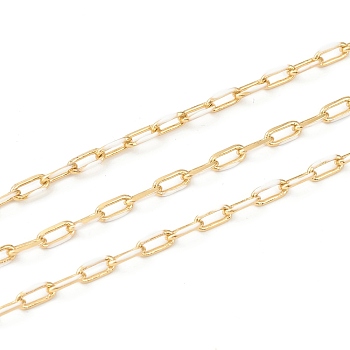 Handmade Golden Brass Enamel Link Chains, Cable Chains, with Spool, Soldered, Long-Lasting Plated, Oval, White, 7x3x1mm, 32.8 Feet(10m)/roll
