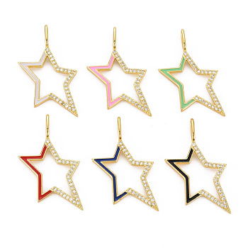 Brass Cubic Zirconia Pendants, with Enamel and Brass Snap on Bails, Real 18K Gold Plated, Star, Nickel Free, Mixed Color, 36x21x4.5mm, Hole: 2x6mm