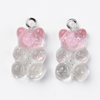Transparent Resin Pendants, with Glitter Powder and Platinum Tone Iron Loop, Bear, Pink, 21x11x7mm, Hole: 1.8mm