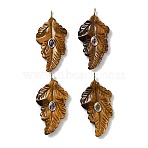 Natural Tiger Eye Carved Pendants, Leaf Charms with Golden Tone Brass Micro Pave Random Color Cubic Zirconia Findings, 49x24~24.5x6~8.5mm, Hole: 4x2.5mm(G-K372-06G-01)