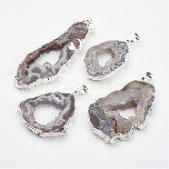Natural Geode Agate Pendants, with Brass Findings, Nuggets, Silver Color Plated, 38~65x18~40x5~6mm, Hole: 5x7mm(G-G950-02P)