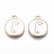 Light Gold Plated Alloy Enamel Pendants, Cadmium Free & Lead Free, Flat Round with Face, White, 16.5x13.5x2mm, Hole: 1.8mm(ENAM-T009-70A-RS)
