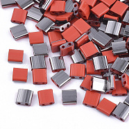 2-Hole Glass Seed Beads, Half Gunmetal Plated Colours, Square, Red, 5x4.5~5.5x2~2.5mm, Hole: 0.5~0.8mm, about 118pcs/10g(X-SEED-S031-L-045-H)
