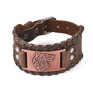 Full Grain Leather Cord Bracelets, with Alloy Link and Watch Band Clasps, Rectangle with Wolf Head, Red Copper, 10-3/4 inch(27.3cm), 39x8mm(BJEW-G620-B03)