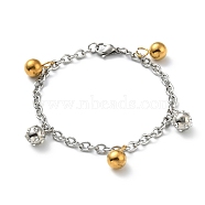 Clear Cubic Zirconia Round Ball Charm Bracelet with 304 Stainless Steel Cable Chains for Women, Golden & Stainless Steel Color, 7-1/4 inch(18.5cm)(BJEW-E108-11G)