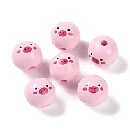 Animal Themes Printed Wood European Beads, Large Hole Round Beads with Pig Pattern, Pink, 19x18mm, Hole: 4mm(WOOD-M013-01H)