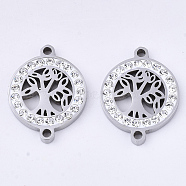 201 Stainless Steel Links connectors, with Polymer Clay Crystal Rhinestone, Flat Round with Tree of Life, Stainless Steel Color, 20x15x2.5mm, Hole: 1.6mm(STAS-N091-04P)