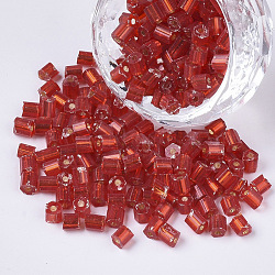 6/0 Two Cut Glass Seed Beads, Hexagon, Silver Lined, Red, 3.5~5x3.5~4mm, Hole: 1mm, about 4500pcs/bag(SEED-S033-05B-03)