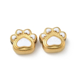 Ion Plating(IP) 304 Stainless Steel Beads, with Enamel, Real 18K Gold Plated, Cat Paw Print, White, 14x15x7mm, Hole: 3mm(STAS-R008-06G-05)