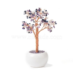 Natural & Synthetic Gemstone Chips with Brass Wrapped Wire Money Tree on Ceramic Vase Display Decorations, for Home Office Decor Good Luck, 120x50.5x190mm(DJEW-B007-02D)