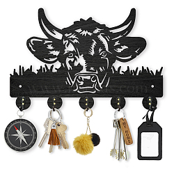 Wood & Iron Wall Mounted Hook Hangers, Decorative Organizer Rack, with 2Pcs Screws, 5 Hooks for Bag Clothes Key Scarf Hanging Holder, Cattle, 200x300x7mm.(HJEW-WH0055-045)