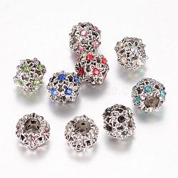 Alloy Glass Rhinestone European Beads, Large Hole Beads, Rondelle with Flower, Antique Silver, Mixed Color, 11x9mm, Hole: 5mm(PALLOY-N0116-009)