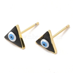 Enamel Triangle with Evil Eye Stud Earrings, Real 18K Gold Plated Brass Jewelry for Women, Black, 8x9mm, Pin: 0.8mm(EJEW-E274-04G-07)