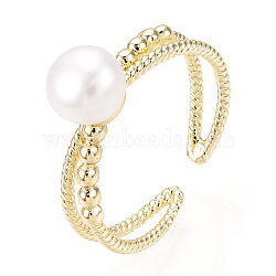 Natural Pearl Double Lines Brass Open Cuff Finger Rings, Real 18K Gold Plated, US Size 5 3/4(16.3mm)(PEAR-N022-C08)