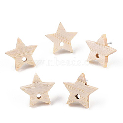 Ash Wood Stud Earring Findings, with 304 Stainless Steel Pin, Star, 14.5x15mm, Hole: 1.8mm, Pin: 0.7mm(EJEW-N017-011Z)