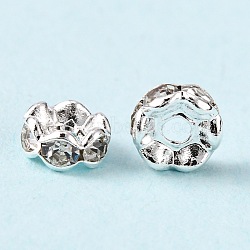 Brass Rhinestone Spacer Beads, Grade A, Wavy Edge, Silver Color Plated, Rondelle, Crystal, 6x3mm, Hole: 1mm(X-RB-A014-L6mm-01S)