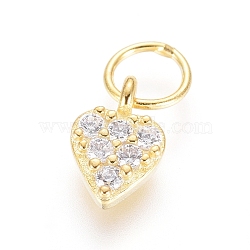 925 Sterling Silver Heart Charms, with Cubic Zirconia and Jump Rings, Clear, Golden, 6.5x4x1mm, Hole: 3mm(STER-G031-01G)