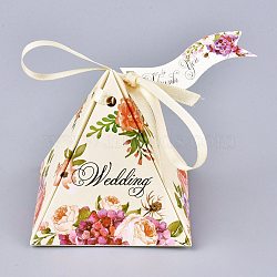 Pyramid Shape Candy Packaging Box, Happy Day Wedding Party Gift Box, with Ribbon and Paper Card, Flower Pattern, Champagne Yellow, 7.5x7.5x7.6cm, Ribbon: 43.5~46x0.65~0.75cm, Paper Card: 6.5x2.7cm(CON-F009-01A)
