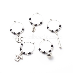 Round Acrylic Beaded Wine Glass Charms Ring, Sports Theme Goblet Marker, with Alloy Football/Rugby/Baseball Bat/Jersey/Basketball Charms, Antique Silver, 43~65.5mm(AJEW-JO00172)