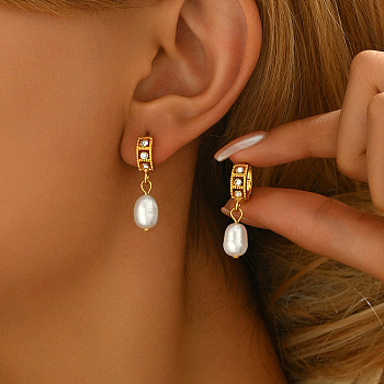 Elegant Brass & Imitation Pearl & Rhinestone Gold-plated Ladies Fashion Hoop Earrings, White, 30x6mm