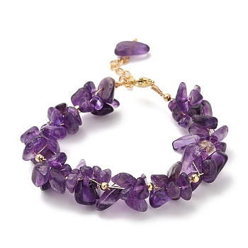 Natural Amethyst Chip Beaded Bracelets for Women, with Brass Findings, Inner Diameter: 7-1/2 inch(19cm)