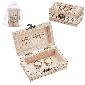 Rectangle Wooden Finger Ring Boxes, with Mesh Drawstring Bag, for Wedding, Word Together with Me, BurlyWood, Box: 6.3x10.1x4.5cm