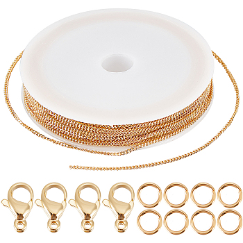 DIY Chain Bracelet Necklace Making Kit, Including Brass Curb Chains & Jump Rings, 304 Stainless Steel Lobster Claw Clasps, Real 18K Gold Plated, Chain: 10M/set