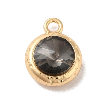 Glass Pendants, Rack Plating Golden Alloy Findings, Nickel Free, Flat Round Charms, Black, 15x11.5x6mm, Hole: 2mm