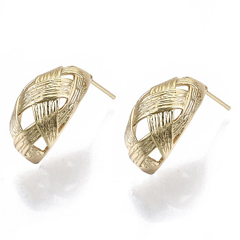 Brass Half Hoop Earrings, Stud Earring, with Stainless Steel Pins, Nickel Free, Horse Eye, Real 18K Gold Plated, 25x19mm, Pin: 0.7mm