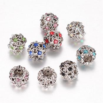 Alloy Glass Rhinestone European Beads, Large Hole Beads, Rondelle with Flower, Antique Silver, Mixed Color, 11x9mm, Hole: 5mm