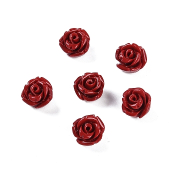 Synthetic Coral Carved Beads, Dyed, Flower, Half Drilled, Dark Red, 8x8mm, Hole: 1.4mm