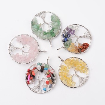 Tree of Life Natural & Synthetic Mixed Stone Big Pendants, with Brass Findings, Platinum, 63~65x49~51x8~10mm, Hole: 8~10mm