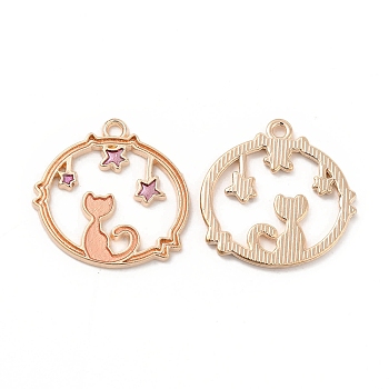 Alloy Enamel Pendants, Flat Round with Cat & Star Charm, Golden, Sandy Brown, 23.5x23.5x1.5mm, Hole: 1.5mm