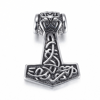 304 Stainless Steel Pendants, Thor's Hammer, Antique Silver, 48x33x12mm, Hole: 8mm and 9.5x8mm