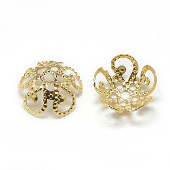 Brass Bead Caps, 5-Petal, Real 18K Gold Plated, 10x4mm, Hole: 1mm