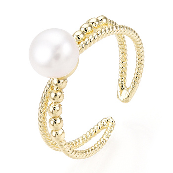 Natural Pearl Double Lines Brass Open Cuff Finger Rings, Real 18K Gold Plated, US Size 5 3/4(16.3mm)