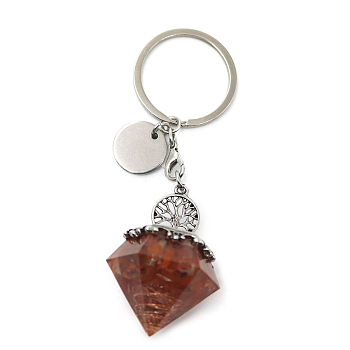 Reiki Energy Natural Carnelian Chips in Resin Diamond Shape Pendant Keychain, with Tree of Life Charm, 9cm