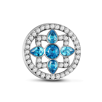 TINYSAND 925 Sterling Silver Cubic Zirconia European Bead, Flower and Square in Round, Blue Zircon, 13.03x13.1x10.47mm, Hole: 4.33mm