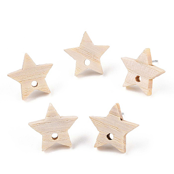 Ash Wood Stud Earring Findings, with 304 Stainless Steel Pin, Star, 14.5x15mm, Hole: 1.8mm, Pin: 0.7mm
