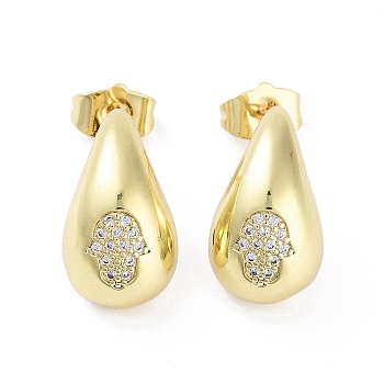 Teardrop Rack Plating Brass Cubic Zirconia Stud Earrings for Women, Long-Lasting Plated, Lead Free & Cadmium Free, Real 18K Gold Plated, Hamsa Hand, 19x11mm